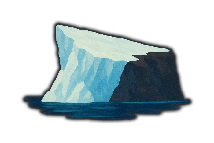 a slab of ice calving off a dark rock cliff into the sea