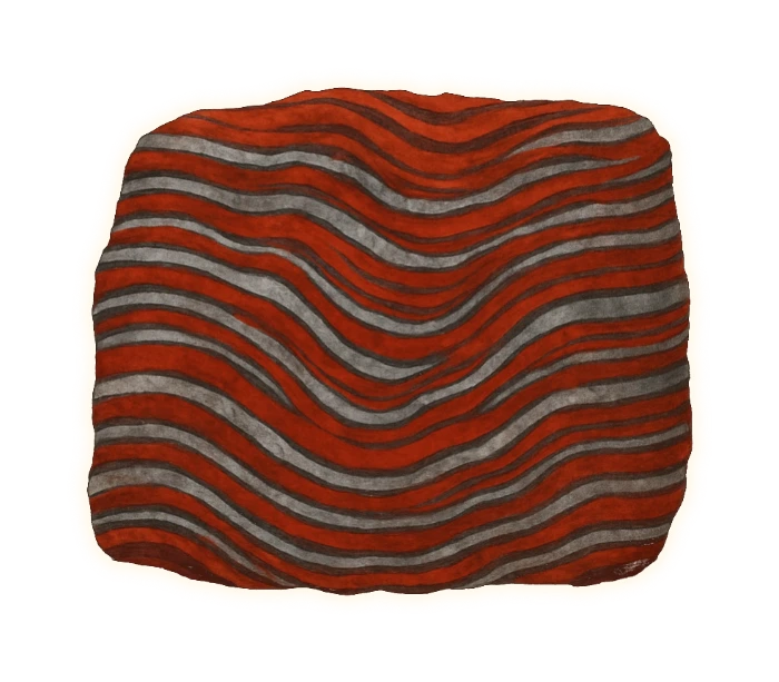 the same banded iron formation as earlier on this page, drawn as a broader, thicker slab — many more red-and-silver bands stacked across it, the layering denser and the folding tighter; the dominant colour is again a deep brick-red