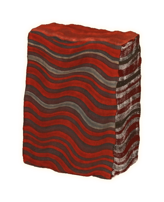 a cut block of banded iron formation standing on end, crossed by dozens of narrow wavy parallel bands — deep brick-red and maroon jasper alternating with silver-grey iron layers, the bands gently folded, varying in thickness, some pinching out and some swelling; the dominant colour is a deep brick-red