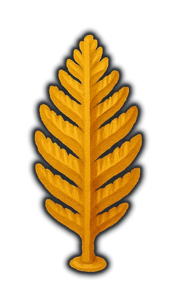 a frond like a fern or chestnut leaf, branching ridges repeating as smaller copies of themselves down its length, rooted to the seabed by a small disc