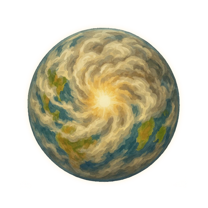 the whole Earth as a disc, most of it under heavy swirling white and grey-brown storm cloud and dust, one brilliant white-hot flash and an expanding pale ring spreading from a single point, with only broken fragments of green land and blue ocean showing through the gaps