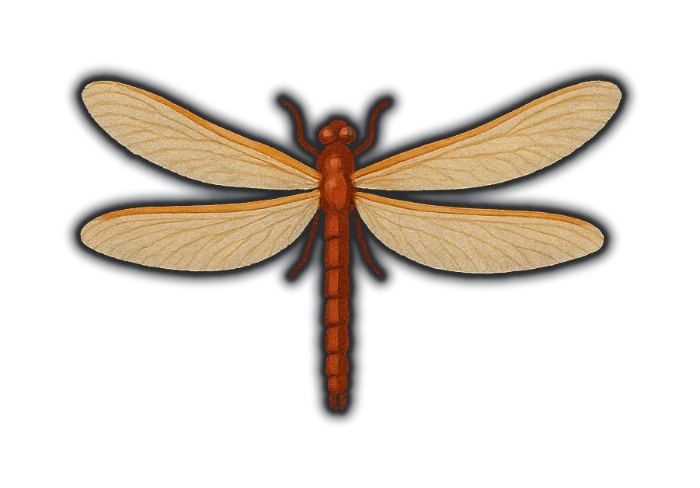 a giant dragonfly, long segmented body, two pairs of long net-veined wings held flat to the sides
