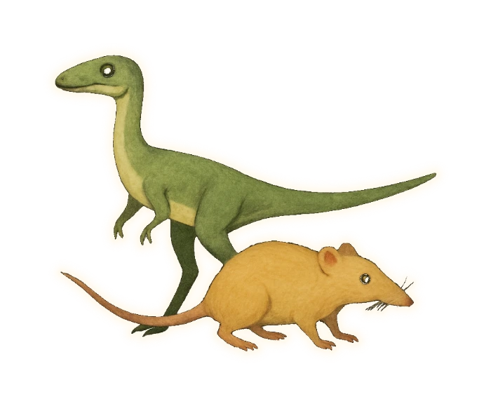 two small animals side by side at the same scale, overlapping slightly so they read as one group: a slender bipedal dinosaur in muted sage-olive green with a cream underside, on long hind legs with its tail held level behind it, and beside it a shrew-sized furry mammal in warm sandy cream, on four legs with a long pointed snout