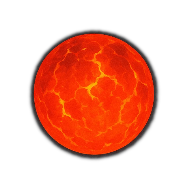 a ball of liquid rock, glowing orange-red, brighter yellow-white cracks, a few darker cooling crusts floating on it