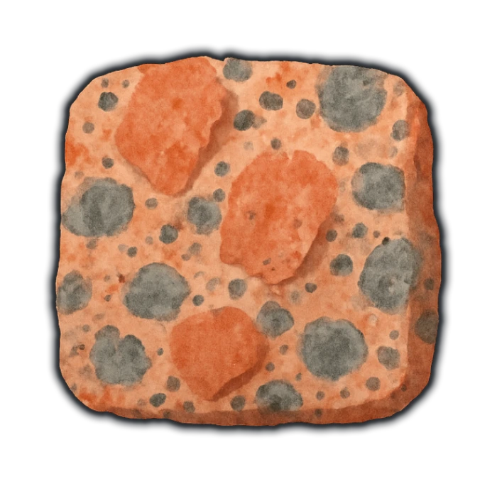 a hand-sized block of coarse granite, dominantly a warm salmon-pink from its large blocky feldspar crystals — angular interlocking grains of clearly different sizes, jammed against one another rather than evenly-spaced round dots — set with glassy grey quartz and small pale mica flecks; the light, buoyant rock continents are made of