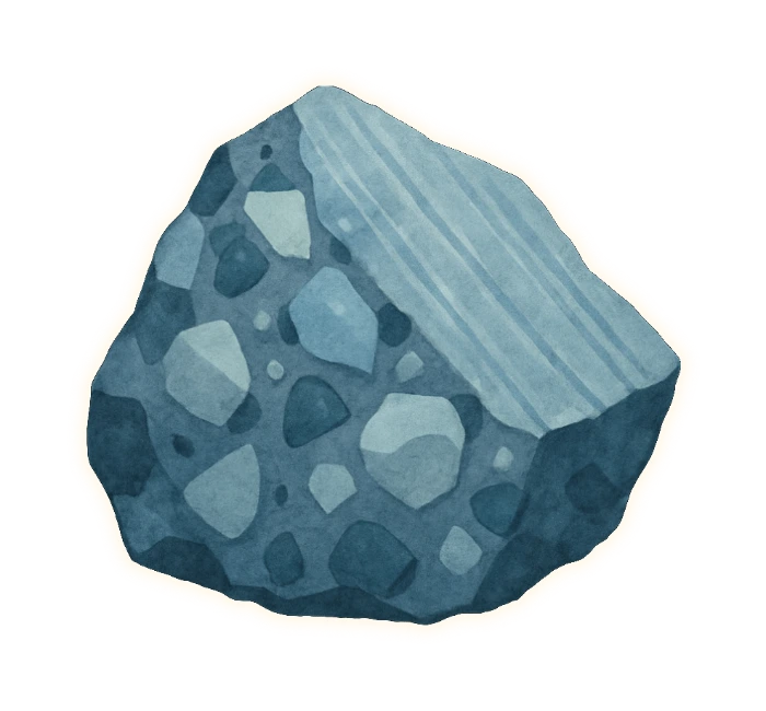a broken block of diamictite the colour of wet slate — sharp-cornered pebbles of many different sizes jammed at all angles into a fine stony matrix, like fruitcake turned to stone — with one flat face bearing straight parallel scratches where ice dragged it across bedrock; the whole rock a cold blue-grey with no warm brown in it