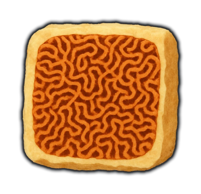 a lump of warm honey-cream reef limestone sliced open on one flat cut face, and that whole cut face filled edge to edge with a dense fine mesh of hundreds of thin rust-orange worm-like tubes, tangled and winding at every angle and far too many to count — the vermicular texture inside a bath sponge, or a plate of tangled thread