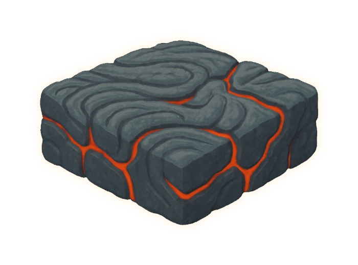 a thick slab of flood-basalt crust broken open, its top a ropy wrinkled skin in a cool pewter-grey, buckled into coils and folds like thick rope laid side by side or the skin on cooled porridge, with a narrow orange glow showing only in the deep cracks between the crusted plates
