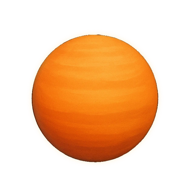 smooth and featureless like Titan, thick orange-tan haze, faint soft banding, no continents or oceans visible
