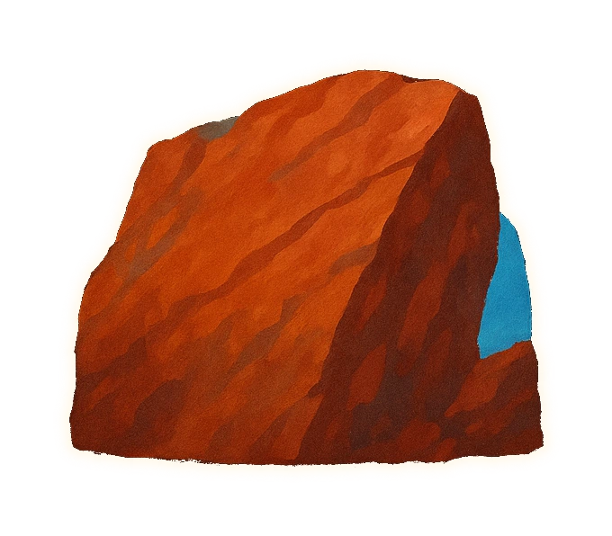a rust-red rock slab seen close, with a crack of open blue sky at the top