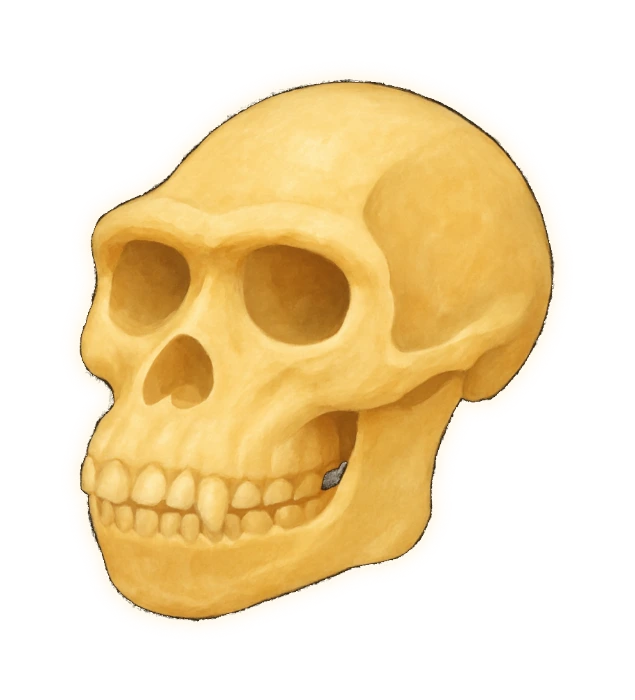 a single ape skull in three-quarter view, warm ivory bone-cream throughout: a low rounded braincase, a heavy continuous brow ridge above the eyes, a short flat face and a broad palate of small worn teeth