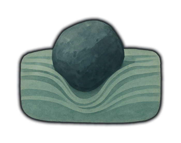 a single dark slate-grey boulder half-buried in fine layered pale grey-green mud, punched down into it so the layers directly beneath are pushed into a deep U-shaped sag under its weight while the layers above drape up and over it — a dropstone, the signature of ice rafting; the dominant colour is a cool grey-green, with no warm buff or orange anywhere in it