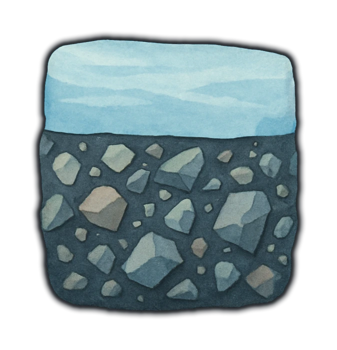 a broken block of dark slate blue-grey glacial diamictite whose top half gives way to smooth even meltwater-laid bedding in pale ice-blue — jumbled sharp-cornered pebbles of all sizes jammed in at every angle below, quiet flat layers above, with a clean line between them