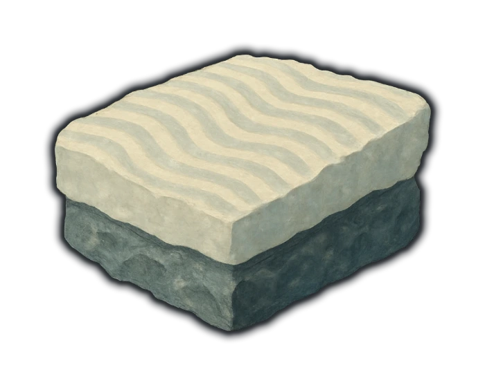 a slab of cool pale grey-cream limestone with a faint blue cast, in fine even layers, its top surface crossed by low rounded parallel ripples like ripples in wet sand, never a zigzag or chevron pattern, sitting sharply on a rougher darker rock beneath — the boundary between the two flat and abrupt; the dominant colour is a cool pale grey-cream, never a warm buff or honey