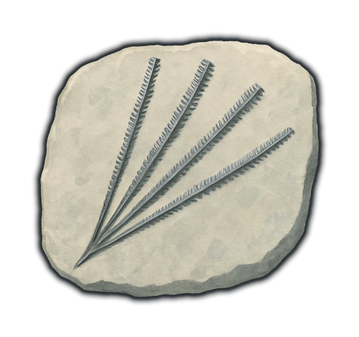 several graptolite fossils fanning out from one point on a neutral pale grey shale slab with no warm or brown cast — each a narrow straight strip edged with fine regular teeth, like the blade of a hacksaw flattened into the rock, the fossil film a silvery mid-grey against the paler slab