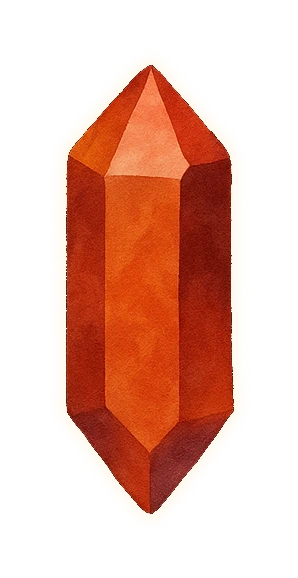 one tiny gem-like crystal shown much larger than life, reddish-brown and translucent, a slender six-sided prism with pointed pyramidal ends, alone against black