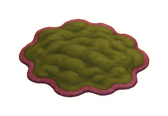 a broad, low, wrinkled sheet lying flat on sediment, like the crumpled skin on cooled paint — a deep olive-green overall, its margins flushed dull pink-purple where the sulfur-bacteria layer beneath shows through, puckered into ridges and shallow domes a few centimetres across