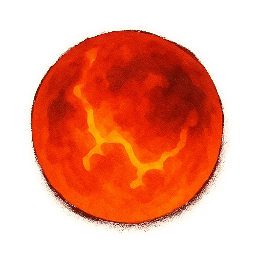 a small sphere of molten rock hanging alone against black, dull orange-red overall with brighter cracks of yellow-white light breaking through its surface
