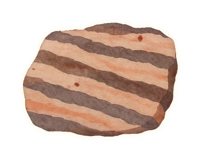 a hand-sized slab of streaky rock, straight alternating bands of pale pinkish-grey and darker brownish-grey, with a few small red garnet flecks