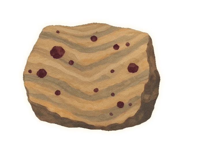 a hand-sized slab of grey-beige banded rock, its bands running in soft parallel waves, with a scatter of small dark purple-red garnet flecks caught in the pale bands