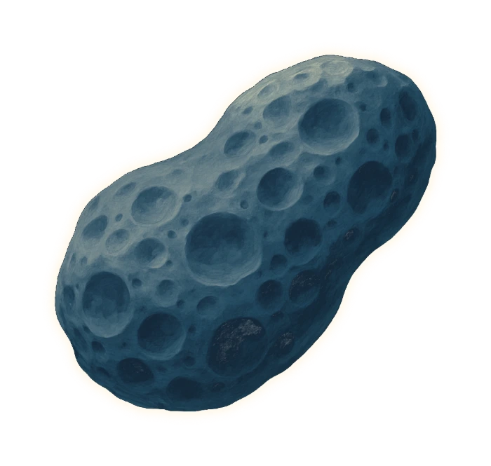 one irregular rock tumbling alone, clearly longer than it is wide like a potato or a peanut rather than a ball, pitted all over with shallow overlapping craters like Phobos, a cool neutral blue-grey throughout with no warm brown or tan in it