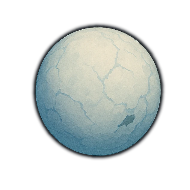 ice pole to pole, pale blue-grey fracture lines like cracked porcelain, a few small bare rock patches near the middle