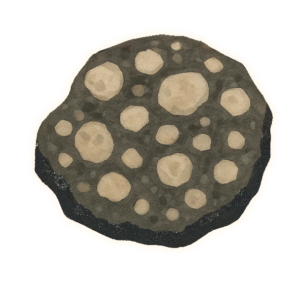 a fist-sized slice of stony meteorite, cut and polished flat: a dark grey matrix studded with a scatter of pale chalky-white, irregular rounded blobs a centimetre or two across