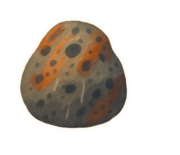 a single pitted, etched volcanic rock in mid-toned warm grey and rust, its pits shown as shallow dents a shade or two darker than the surface, with pale streaks of rain running down its face