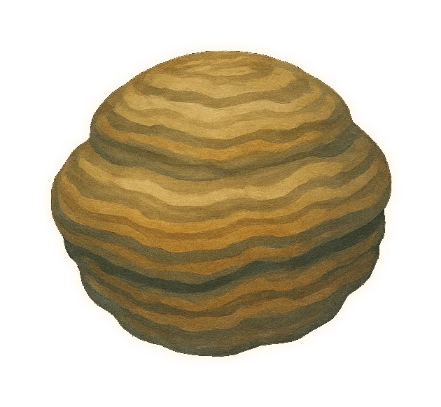 a rounded, layered mound of banded rock, like a stack of thin stone plates or a cross-section of a cabbage