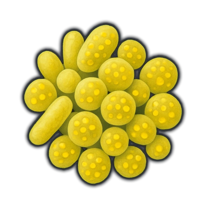 a cluster of tiny rod- and sphere-shaped cells at high magnification, translucent pale yellow-green, each scattered with vivid lemon-yellow sulfur granules inside it like mustard seeds suspended in glass — the whole cluster reads as a bright clean lemon-yellow