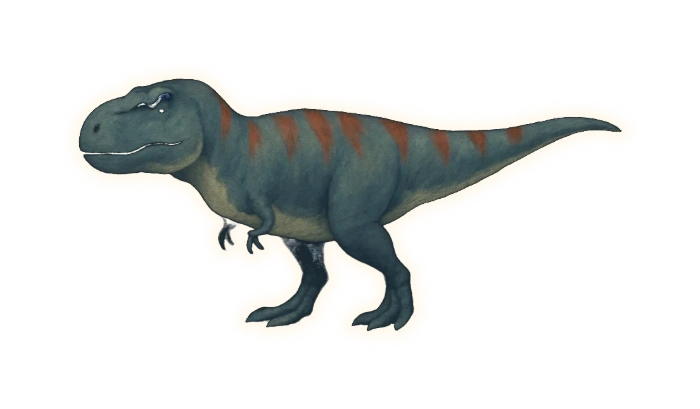 a huge two-legged predator held horizontal like a see-saw balanced over its hips — spine level, a long tail carried straight out behind as a counterweight — thick and deep where it leaves the hips, tapering only gradually, never a thin whip — and a short deep S-curved neck carrying a massive blunt boxy head as long as the animal's own thigh, as deep from skull-top to jaw as a bathtub is deep, broad across the snout, its jaws slightly parted on thick conical teeth; the forelimbs are tiny and held to the chest, each ending in a simple two-pronged pincer like a pair of tongs, and the hind legs are thick and bird-like with three forward-facing toes; the animal is a muted slate-grey with dark rust-red banding down its back and flanks and a pale cream underside