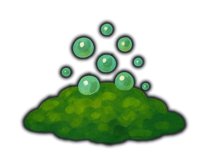 a cluster of small bubbles rising off a mat of green scum, like carbonation
